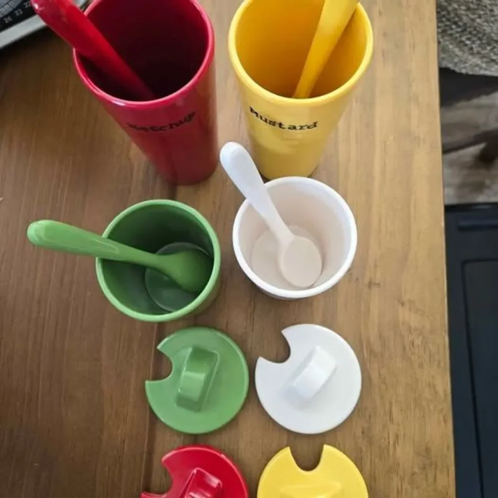Pottery Barn Condiment Set- ketchup, mustard, relish, and mayo.